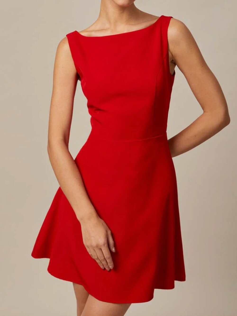 RIHOAS The Red Boat Neck High Waisted Stretch Mini Dress